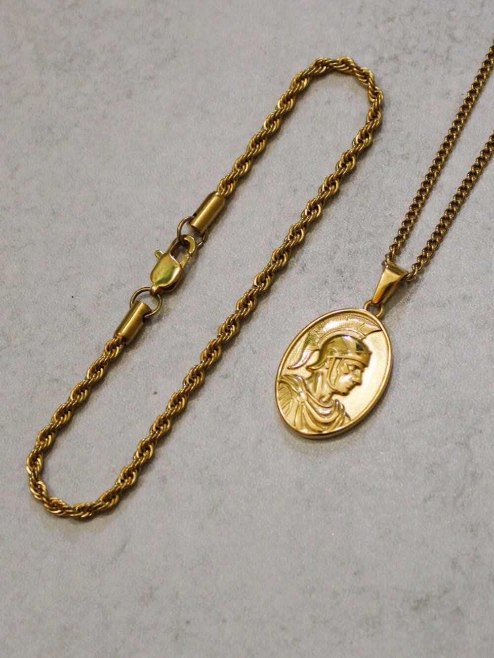 Gold Centurion Pendant Necklace + 3mm Rope Bracelet Set